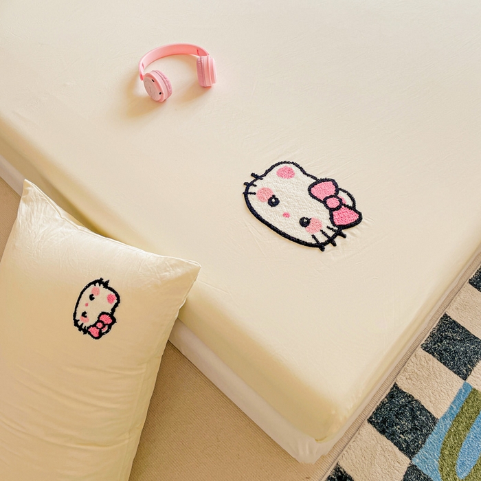 91家纺网 家纺一手货源 找家纺 海岛哥哥 2025春夏新款卡通毛巾绣床笠 粉红小喵-黄