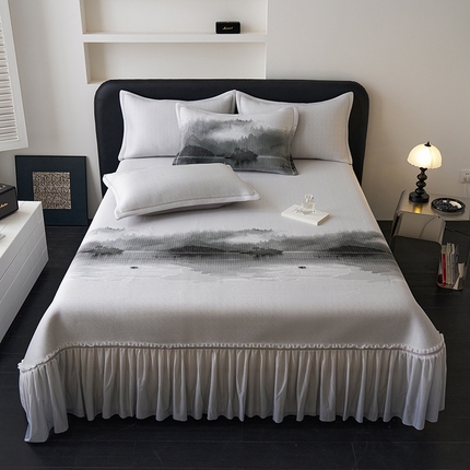 91家纺网 家纺一手货源 找家纺 （总）2025新款5D提花全凉感中分子凉席 冰感床裙款凉席三件套-提花系列