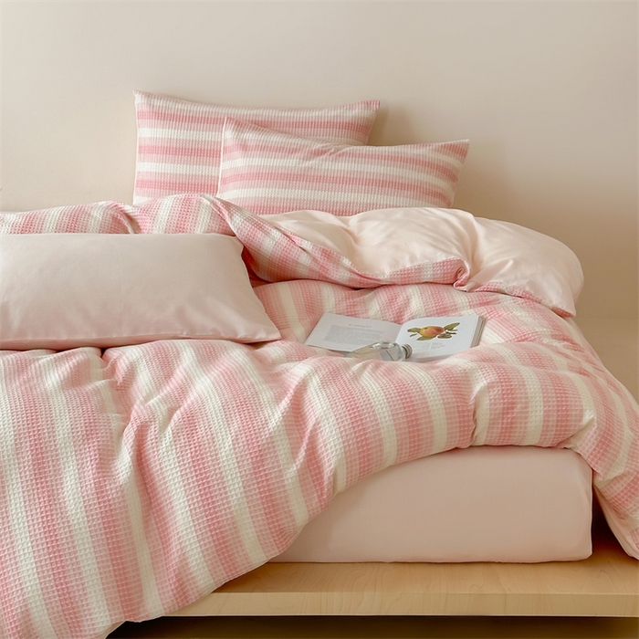 91家纺网 家纺一手货源 找家纺 （总）小春日和 高端华夫格纯棉四件套高档民宿全棉四件套多巴胺纯棉被套人字纹纯色加大床单1.8纯色棉床笠