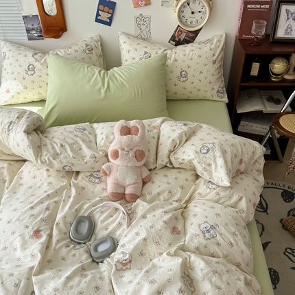 91家纺网 家纺一手货源 找家纺 （总）罗亿家纺 罗亿家纺 2025新款软绵绵的双拼印花小清新云朵皱皱水洗棉四件套（含买家秀）
