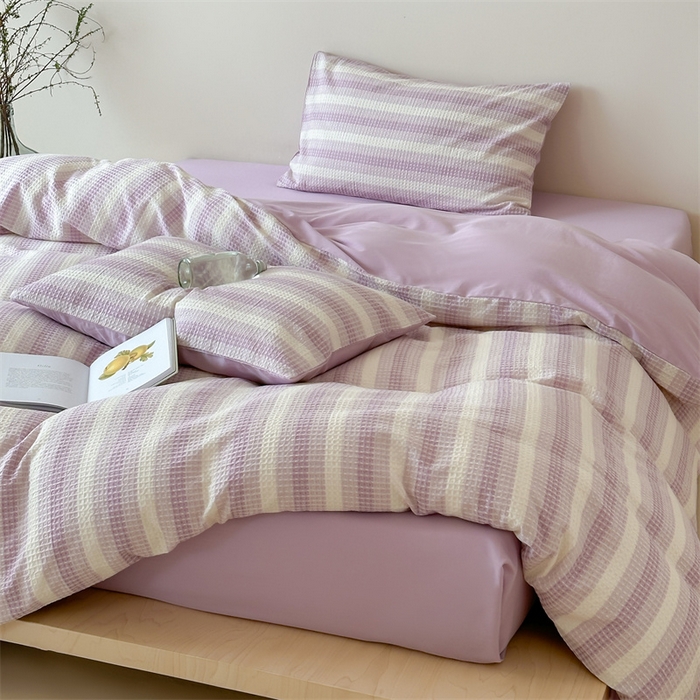 91家纺网 家纺一手货源 找家纺 小春日和 高端华夫格纯棉四件套高档民宿全棉四件套多巴胺纯棉被套人字纹纯色加大床单1.8纯色棉床笠 云牧-紫