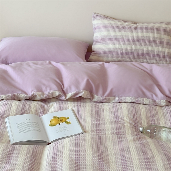 91家纺网 家纺一手货源 找家纺 小春日和 高端华夫格纯棉四件套高档民宿全棉四件套多巴胺纯棉被套人字纹纯色加大床单1.8纯色棉床笠 云牧-紫