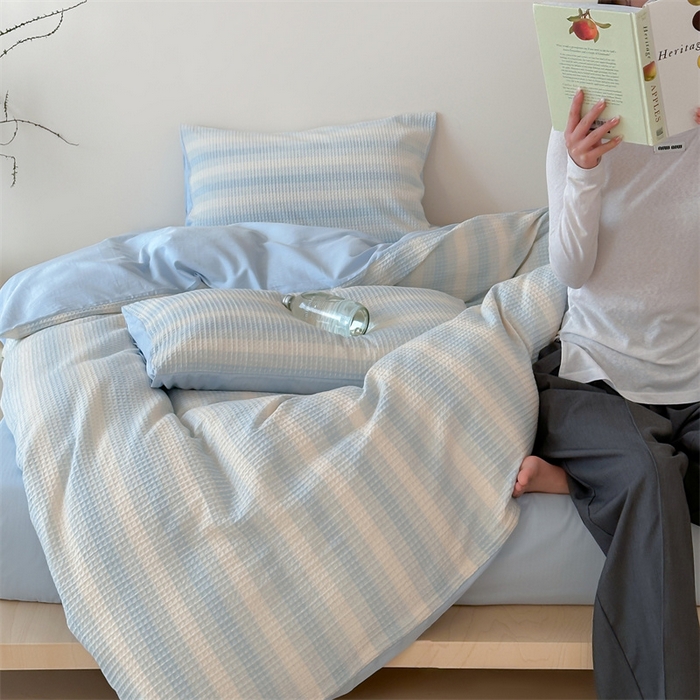 91家纺网 家纺一手货源 找家纺 小春日和 高端华夫格纯棉四件套高档民宿全棉四件套多巴胺纯棉被套人字纹纯色加大床单1.8纯色棉床笠 云牧-兰