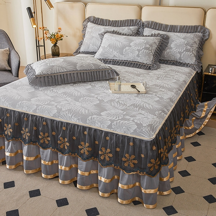 91家纺网 家纺一手货源 找家纺 情恒家纺   2025新款提花PE海洋丝可脱卸床裙席三件套 生如夏花 星灰