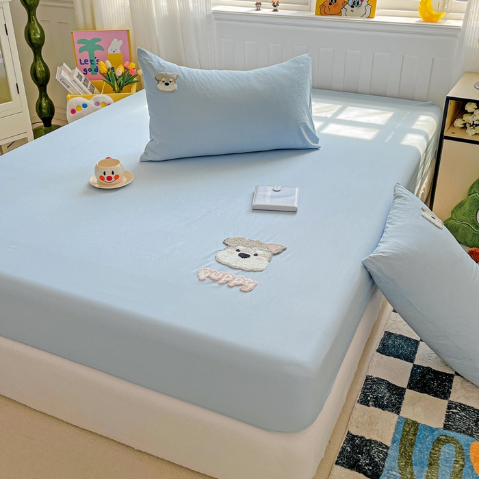 91家纺网 家纺一手货源 找家纺 海岛哥哥 2025春夏新款卡通毛巾绣床笠 小狗