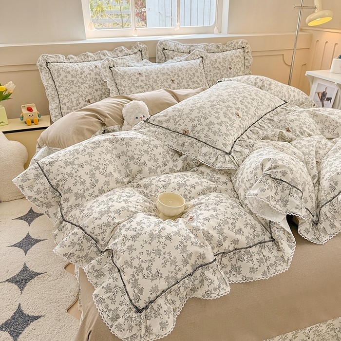 91家纺网 家纺一手货源 找家纺 缦彩家纺  2025新款韩版全棉公主风床单四件套 奥罗拉