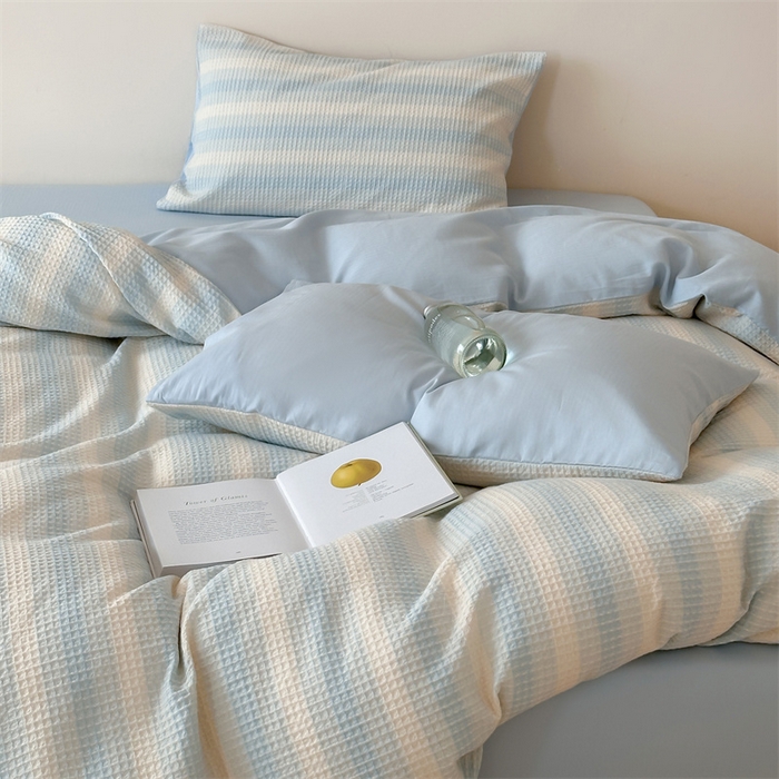 91家纺网 家纺一手货源 找家纺 小春日和 高端华夫格纯棉四件套高档民宿全棉四件套多巴胺纯棉被套人字纹纯色加大床单1.8纯色棉床笠 云牧-兰