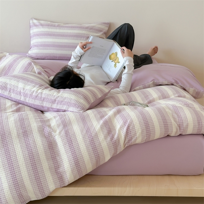 91家纺网 家纺一手货源 找家纺 小春日和 高端华夫格纯棉四件套高档民宿全棉四件套多巴胺纯棉被套人字纹纯色加大床单1.8纯色棉床笠 云牧-紫