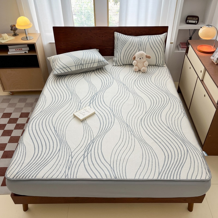 91家纺网 家纺一手货源 找家纺 雅居纺家纺 2025新款A类加厚三明治底简约提花凉感席系列-床笠款 曲线-蓝