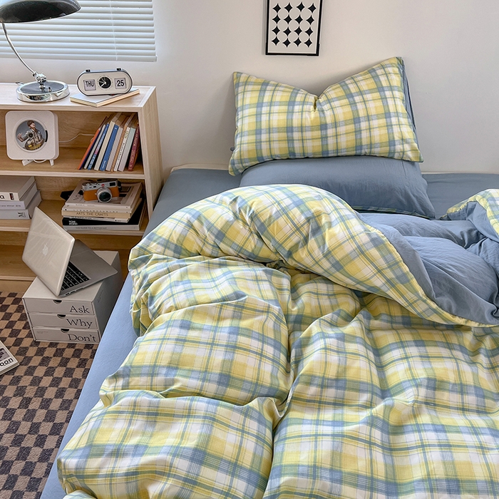 91家纺网 家纺一手货源 找家纺 （总）贝拉梦家纺 2024新款日式简约格子系水洗棉床单款床笠款套件系列-四件套