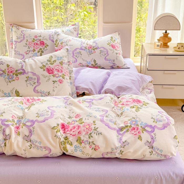 91家纺网 家纺一手货源 找家纺 佑金甜 2025新款100%全棉印花四件套纯棉印花单被套三件套（尺寸已预留）（礼盒塑封包装）（买家秀加V)粉霭玫瑰笺