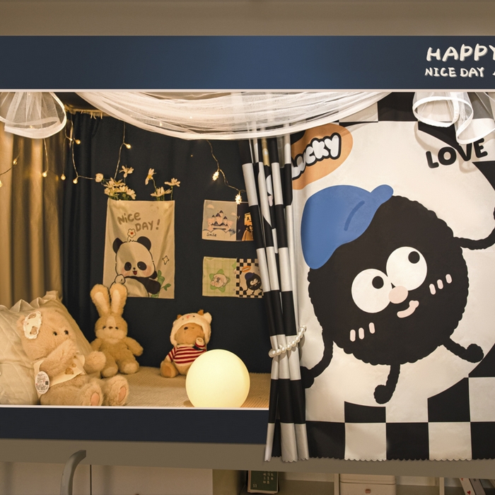 91家纺网 家纺一手货源 找家纺 觅妮家纺 2025新款99%强遮光涂银涂层大版数码印花宿舍学生床帘蚊帐 煤有烦恼