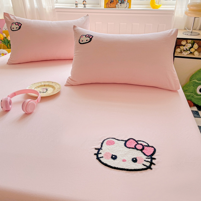 91家纺网 家纺一手货源 找家纺 海岛哥哥 2025春夏新款卡通毛巾绣床笠 粉红小喵-粉