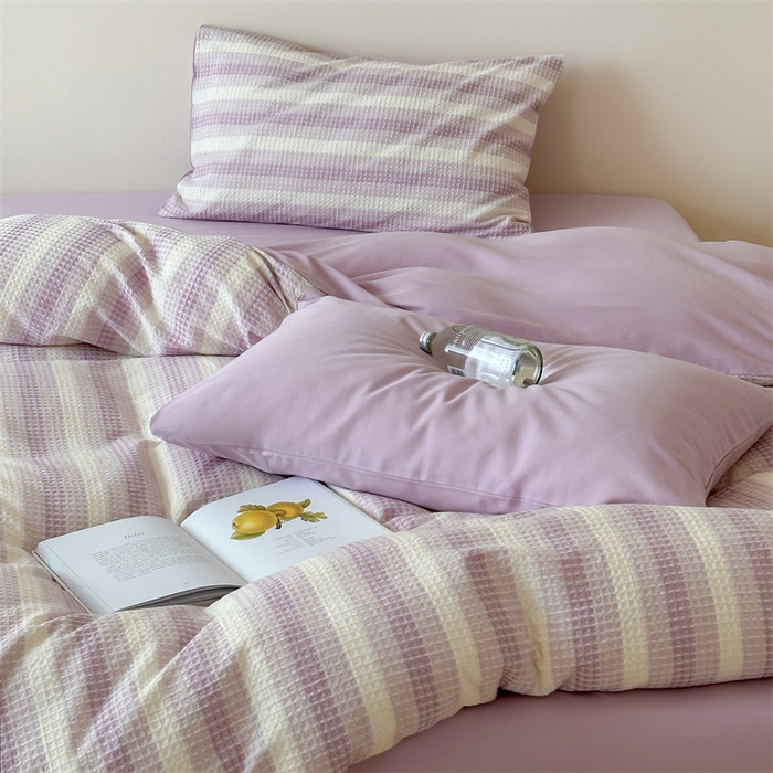91家纺网 家纺一手货源 找家纺 小春日和 高端华夫格纯棉四件套高档民宿全棉四件套多巴胺纯棉被套人字纹纯色加大床单1.8纯色棉床笠 云牧-紫