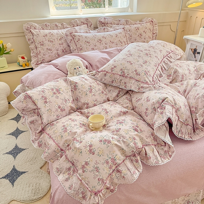 91家纺网 家纺一手货源 找家纺 缦彩家纺  2025新款韩版全棉公主风床单四件套 缤纷绮梦