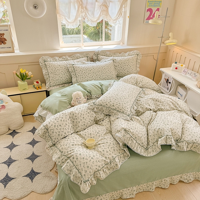 91家纺网 家纺一手货源 找家纺 缦彩家纺  2025新款韩版全棉公主风床单四件套 春野