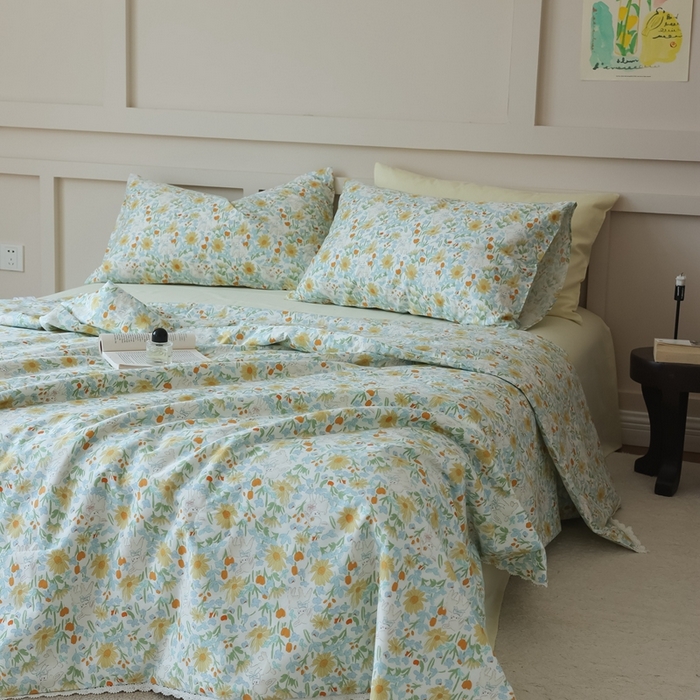 91家纺网 家纺一手货源 找家纺 棉眠 2025新款纯棉花边夏被套件 花间牧歌