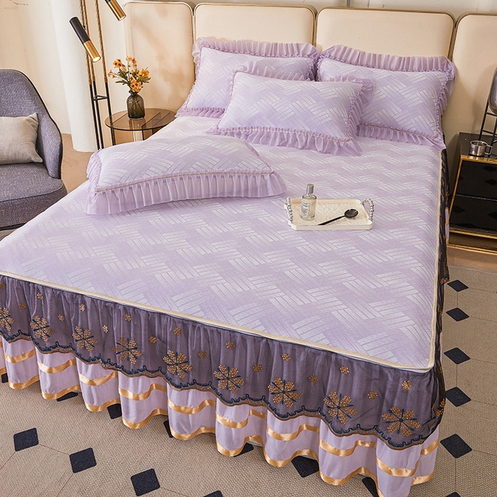 91家纺网 家纺一手货源 找家纺 情恒家纺   2025新款提花PE海洋丝可脱卸床裙席三件套 城市剪影 魅紫