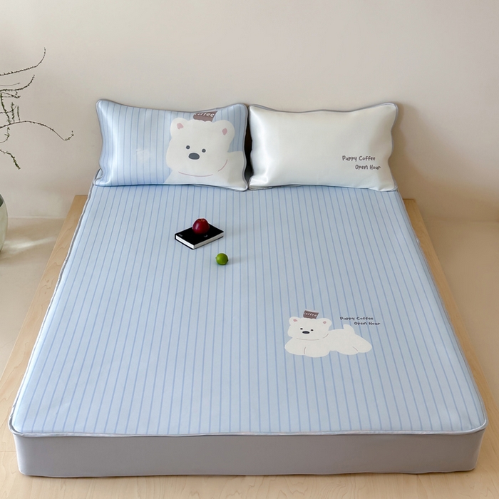 91家纺网 家纺一手货源 找家纺 如一2025A类ins大版数码卡通印花冰丝凉感席 咖啡狗-床笠-床笠