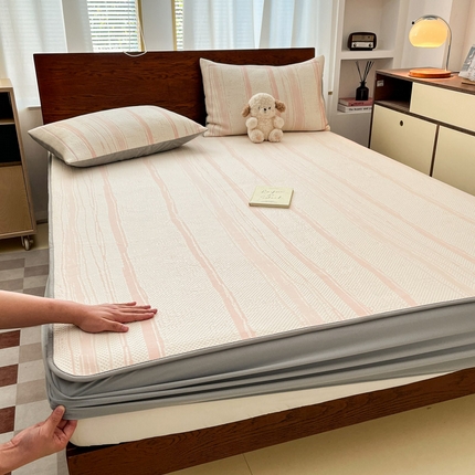 雅居纺家纺 2025新款A类加厚三明治底简约提花凉感席系列-床笠款 线条-粉