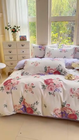 91家纺网 家纺一手货源 找家纺 佑金甜 2025新款100%全棉印花四件套纯棉印花单被套三件套（尺寸已预留）（礼盒塑封包装）（买家秀加V)粉霭玫瑰笺