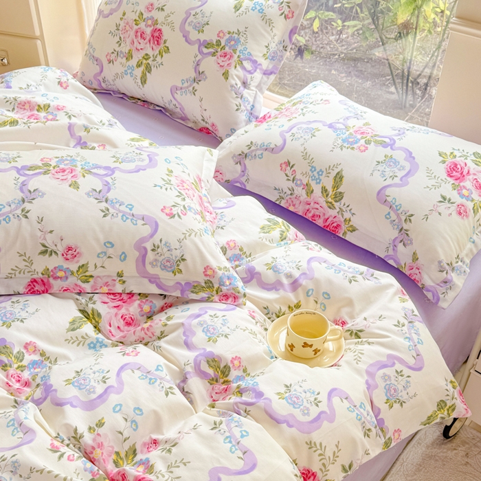 91家纺网 家纺一手货源 找家纺 佑金甜 2025新款100%全棉印花四件套纯棉印花单被套三件套（尺寸已预留）（礼盒塑封包装）（买家秀加V)粉霭玫瑰笺