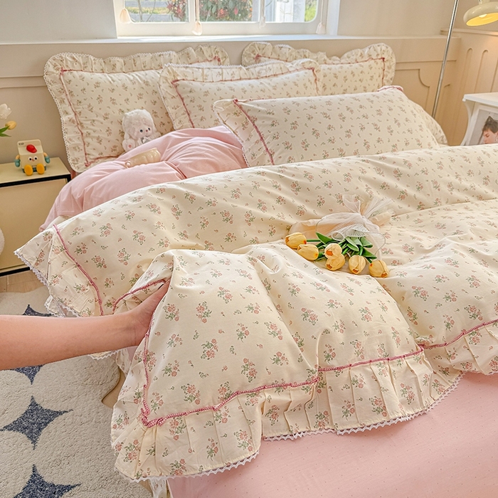 91家纺网 家纺一手货源 找家纺 缦彩家纺  2025新款韩版全棉公主风床单四件套 夕颜