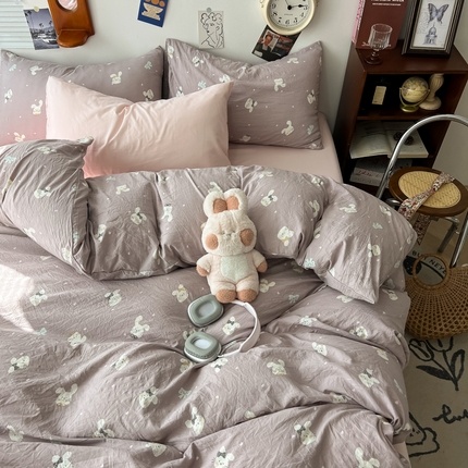 罗亿家纺 2025新款软绵绵的双拼印花小清新云朵皱皱水洗棉四件套（含买家秀） 芋泥兔仔
