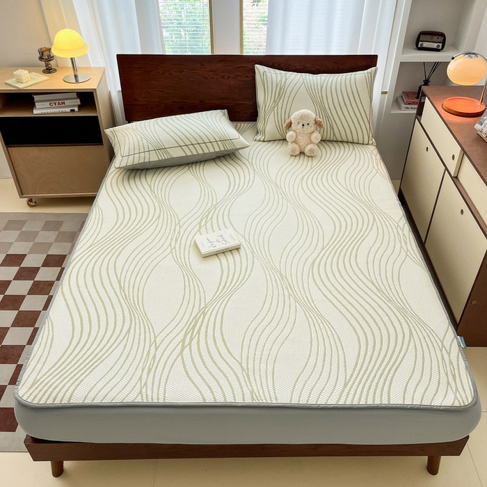 91家纺网 家纺一手货源 找家纺 雅居纺家纺 2025新款A类加厚三明治底简约提花凉感席系列-床笠款 曲线-绿