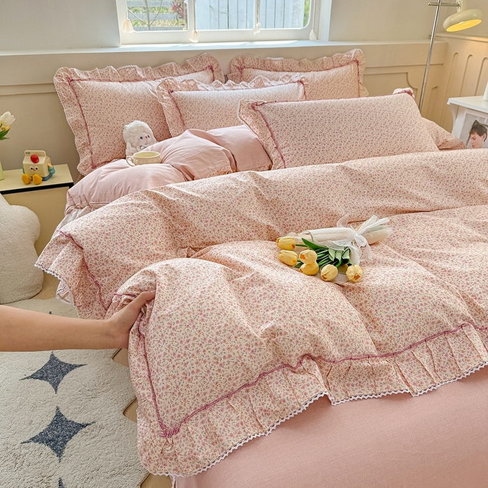 91家纺网 家纺一手货源 找家纺 缦彩家纺  2025新款韩版全棉公主风床单四件套 美娜