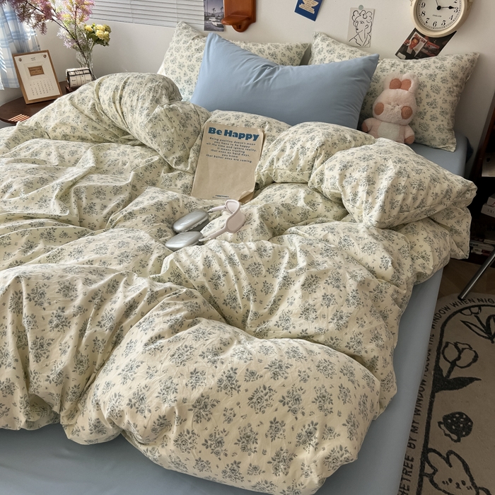 91家纺网 家纺一手货源 找家纺 罗亿家纺 罗亿家纺 2025新款软绵绵的双拼印花小清新云朵皱皱水洗棉四件套（含买家秀） 春日与玫瑰