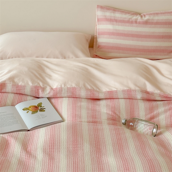 91家纺网 家纺一手货源 找家纺 （总）小春日和 高端华夫格纯棉四件套高档民宿全棉四件套多巴胺纯棉被套人字纹纯色加大床单1.8纯色棉床笠