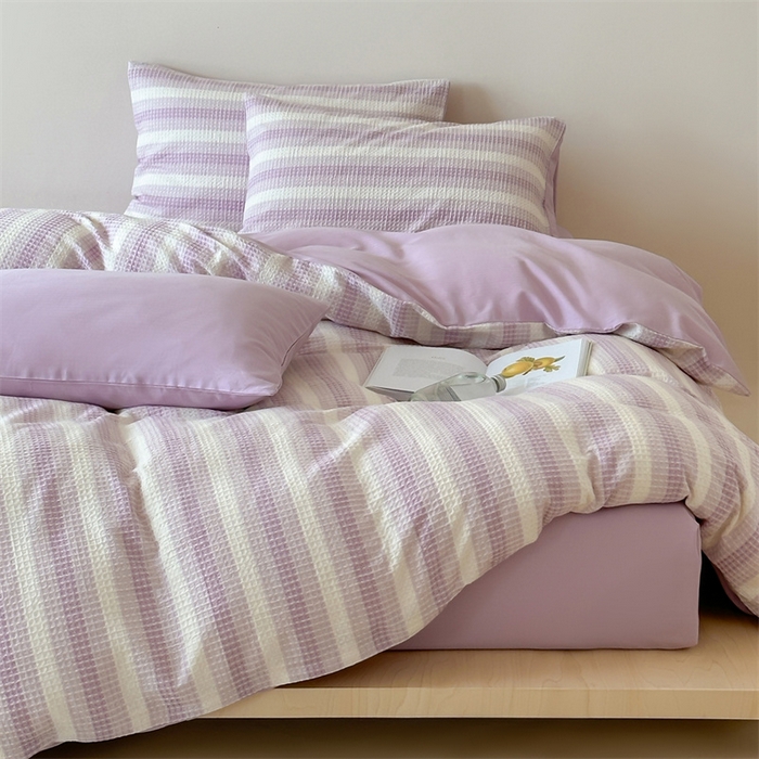 91家纺网 家纺一手货源 找家纺 小春日和 高端华夫格纯棉四件套高档民宿全棉四件套多巴胺纯棉被套人字纹纯色加大床单1.8纯色棉床笠 云牧-紫