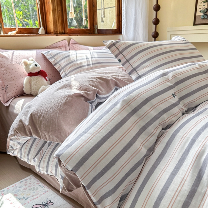 91家纺网 家纺一手货源 找家纺 喜四方 2025新款全棉A类母婴级抗菌全棉双层纱四件套 初见-灰