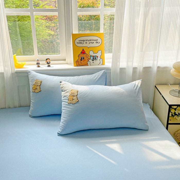 91家纺网 家纺一手货源 找家纺 海岛哥哥 2025春夏新款卡通毛巾绣床笠 小熊饼干-蓝