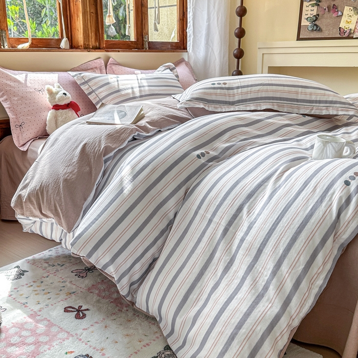 91家纺网 家纺一手货源 找家纺 喜四方 2025新款全棉A类母婴级抗菌全棉双层纱四件套 初见-灰