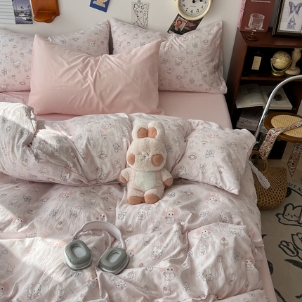 91家纺网 家纺一手货源 找家纺 （总）罗亿家纺 罗亿家纺 2025新款软绵绵的双拼印花小清新云朵皱皱水洗棉四件套（含买家秀）