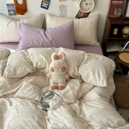 罗亿家纺 2025新款软绵绵的双拼印花小清新云朵皱皱水洗棉四件套（含买家秀） 甜樱恋曲