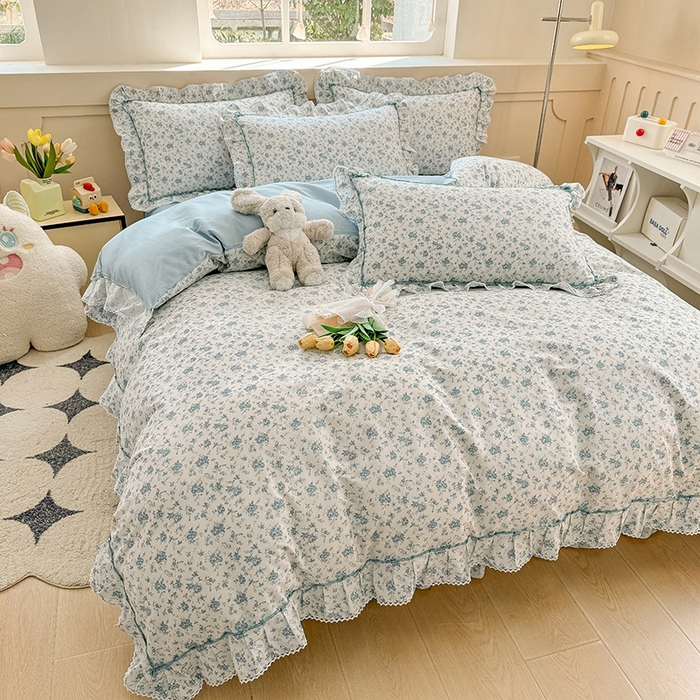 91家纺网 家纺一手货源 找家纺 缦彩家纺  2025新款韩版全棉公主风床单四件套 海韵花