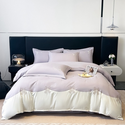 91家纺网 家纺一手货源 找家纺 梧桐家居 2025新款亲肤棉绣花四件套-米勒 米勒-灰紫