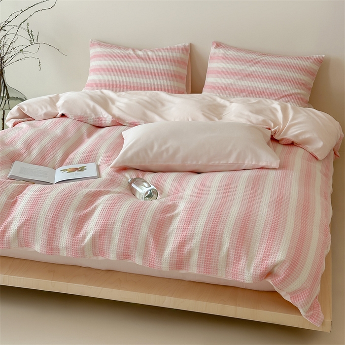 91家纺网 家纺一手货源 找家纺 （总）小春日和 高端华夫格纯棉四件套高档民宿全棉四件套多巴胺纯棉被套人字纹纯色加大床单1.8纯色棉床笠