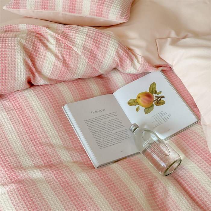 91家纺网 家纺一手货源 找家纺 （总）小春日和 高端华夫格纯棉四件套高档民宿全棉四件套多巴胺纯棉被套人字纹纯色加大床单1.8纯色棉床笠