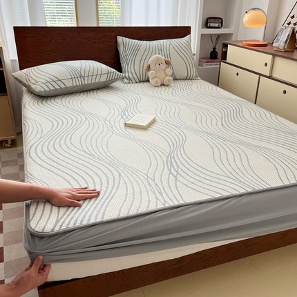 雅居纺家纺 2025新款A类加厚三明治底简约提花凉感席系列-床笠款 曲线-蓝