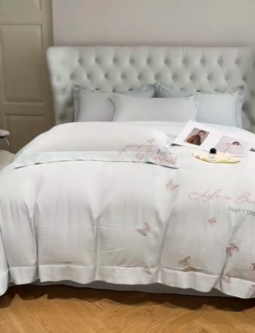 91家纺网 家纺一手货源 找家纺 新方向 2025新款天丝刺绣四件套-蝶恋 蝶恋-抹茶绿