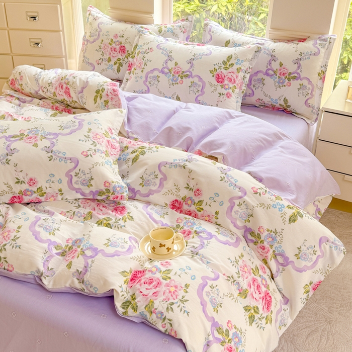 91家纺网 家纺一手货源 找家纺 佑金甜 2025新款100%全棉印花四件套纯棉印花单被套三件套（尺寸已预留）（礼盒塑封包装）（买家秀加V)粉霭玫瑰笺