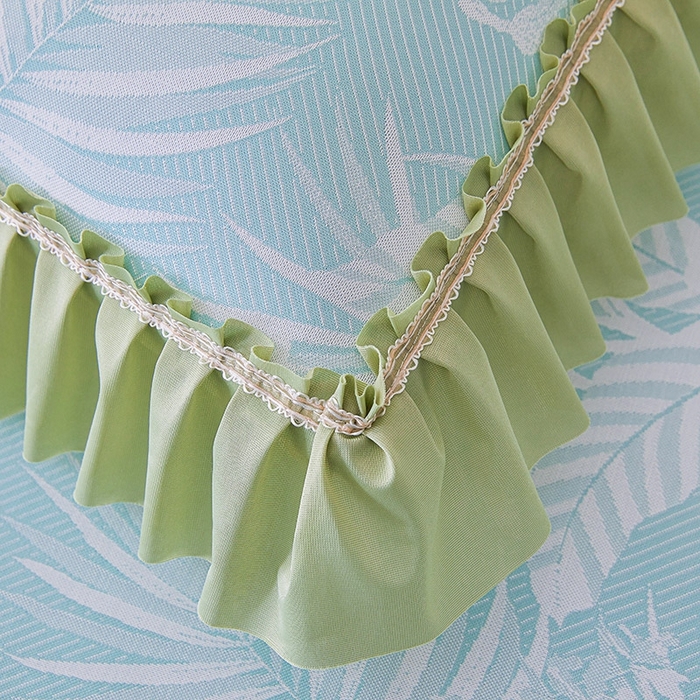 91家纺网 家纺一手货源 找家纺 情恒家纺   2025新款提花PE海洋丝可脱卸床裙席三件套 生如夏花 清新蓝