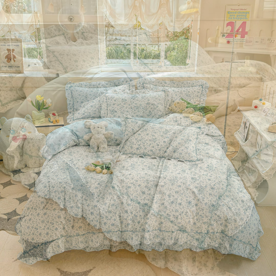 91家纺网 家纺一手货源 找家纺 缦彩家纺  2025新款韩版全棉公主风床单四件套 海韵花