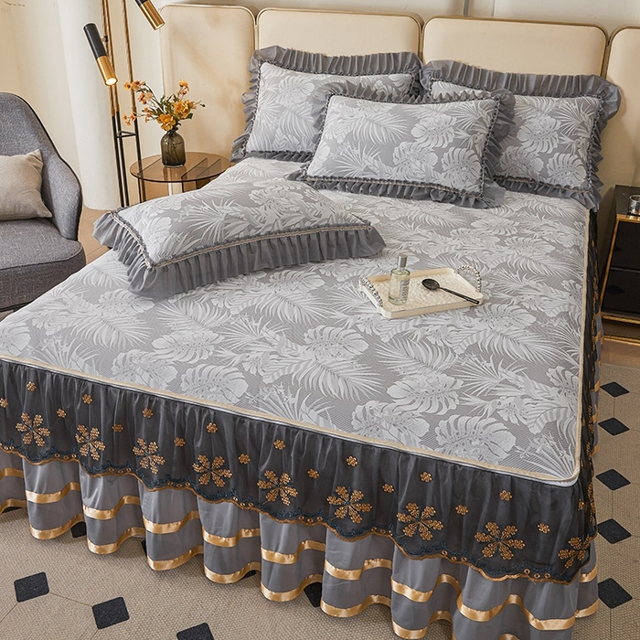 91家纺网 家纺一手货源 找家纺 情恒家纺   2025新款提花PE海洋丝可脱卸床裙席三件套 生如夏花 星灰