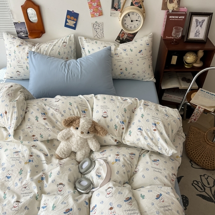 91家纺网 家纺一手货源 找家纺 （总）罗亿家纺 罗亿家纺 2025新款软绵绵的双拼印花小清新云朵皱皱水洗棉四件套（含买家秀）