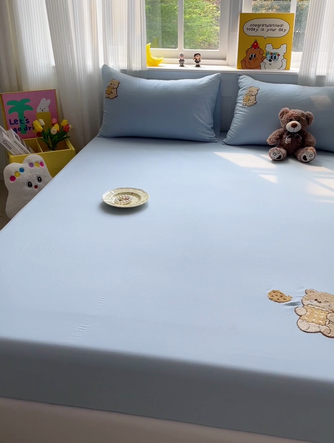 91家纺网 家纺一手货源 找家纺 海岛哥哥 2025春夏新款卡通毛巾绣床笠 小熊饼干-蓝